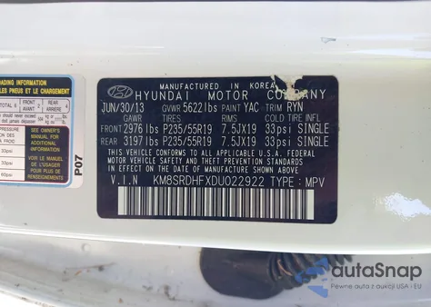 2013 Hyundai Santa Fe Limited from USA, damaged, VIN KM8SRDHFXDU022922